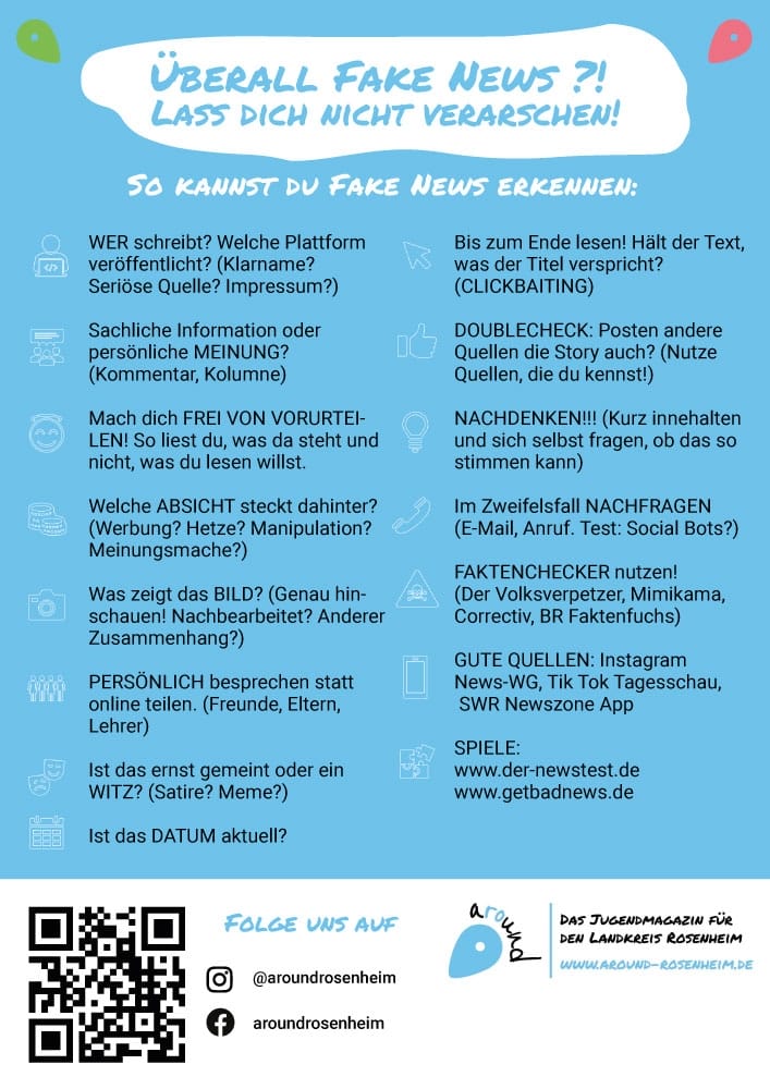 Ein Plakat mit vielen Tipps, um Fake News zu erkennen