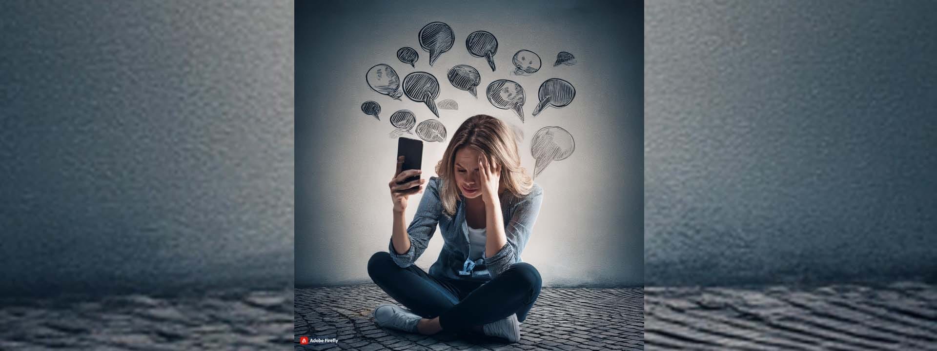 Verzweifelte Frau sitzt am Handy, um sie herum sind viele dunkle Sprechblasen. Die Last des Hasses | Mit KI generiert von Leonie