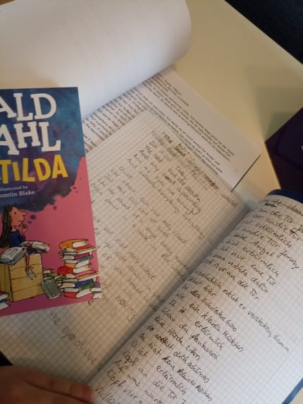 Das Buch links und die Mappen mit meinen Übersetzungen rechts