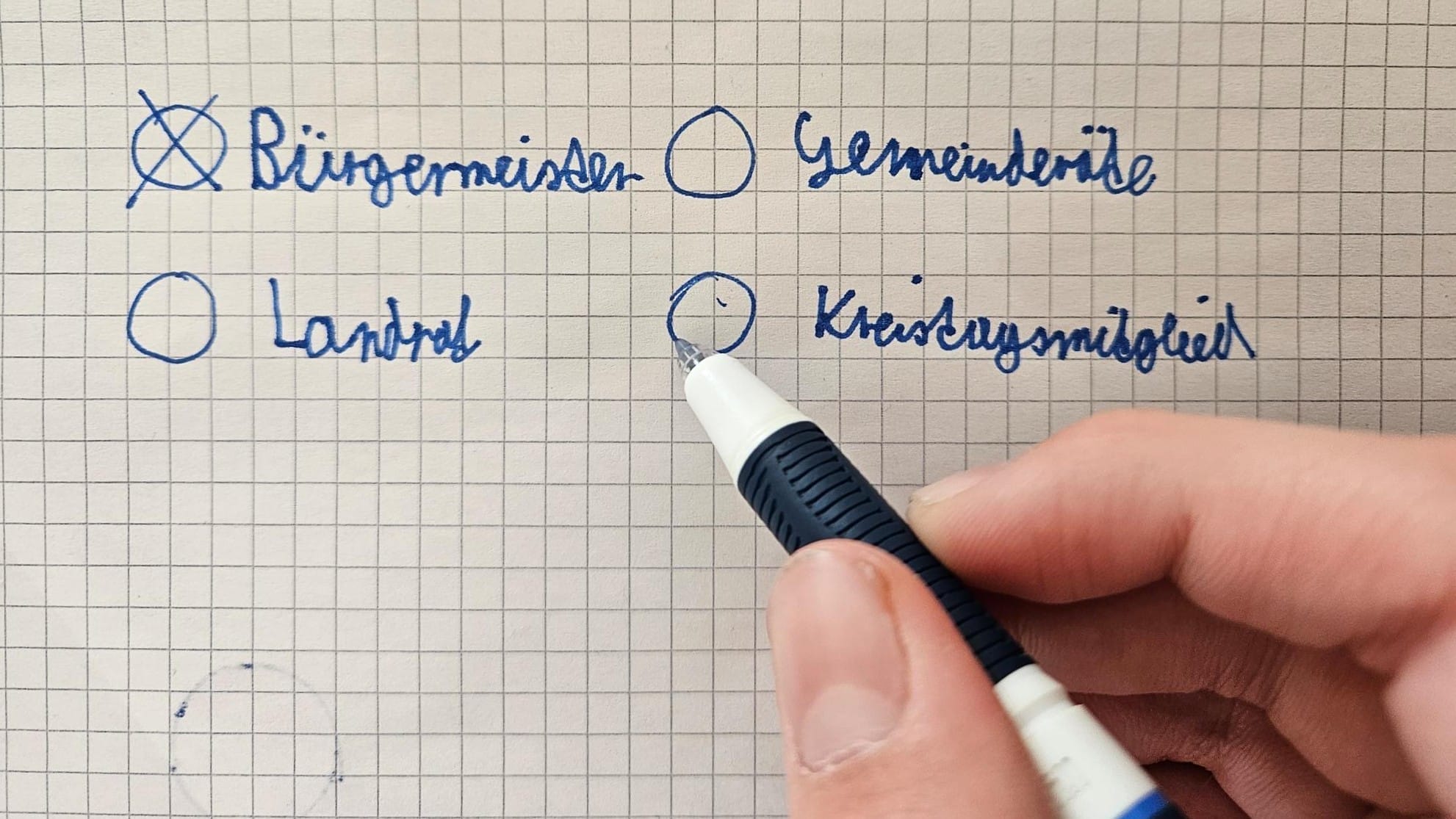Foto: Auf einem karierten Blockblatt sind mit Füller vier Kreise gezogen und dazu steht geschrieben: Bürgermeister, Gemeinderäte, Landrat, Kreistagsmitglieder. Der Kreis bei Bürgermeister ist angekreuzt. Die Hand mit dem Füller ist ebenfalls zu sehen.