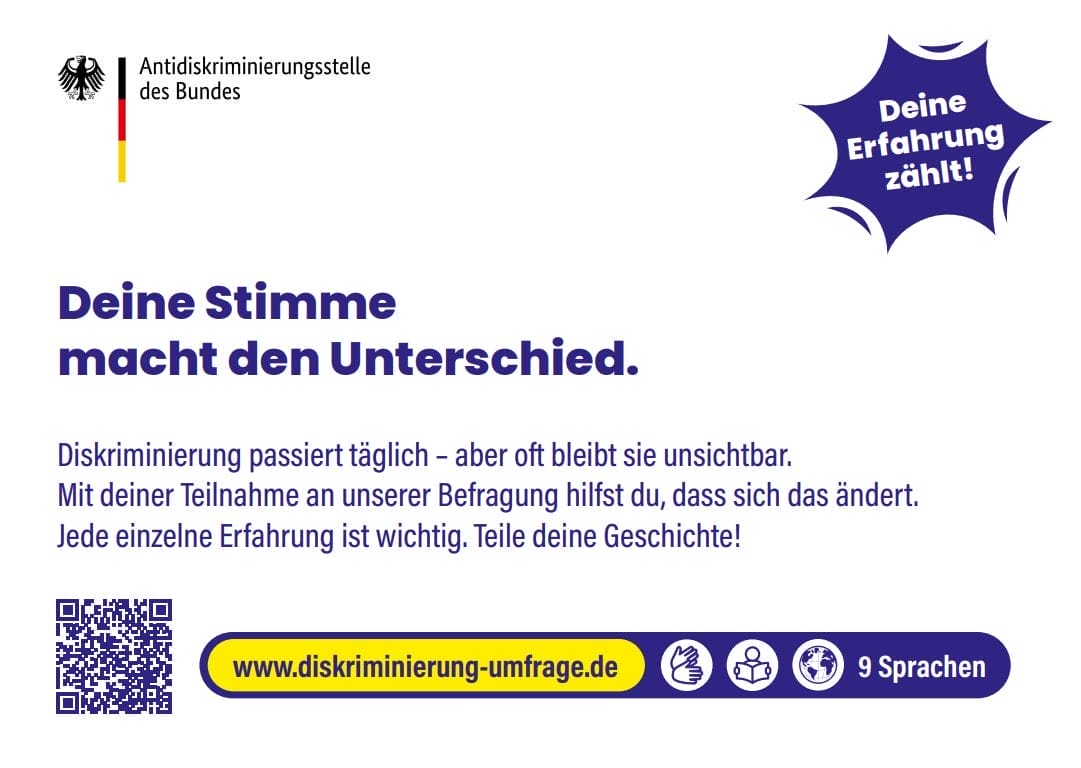 Flyer zur Umfrage mit QR Code zur URL: https://diskriminierung-umfrage.de/