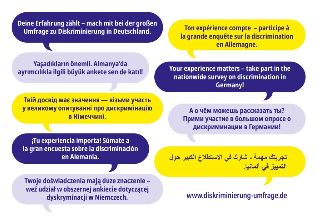 Sprechblasen mit folgendem Text in neun Sprachen: Deine Erfahrung zählt – mach mit bei der großen Umfrage zu Diskriminierung in Deutschland.