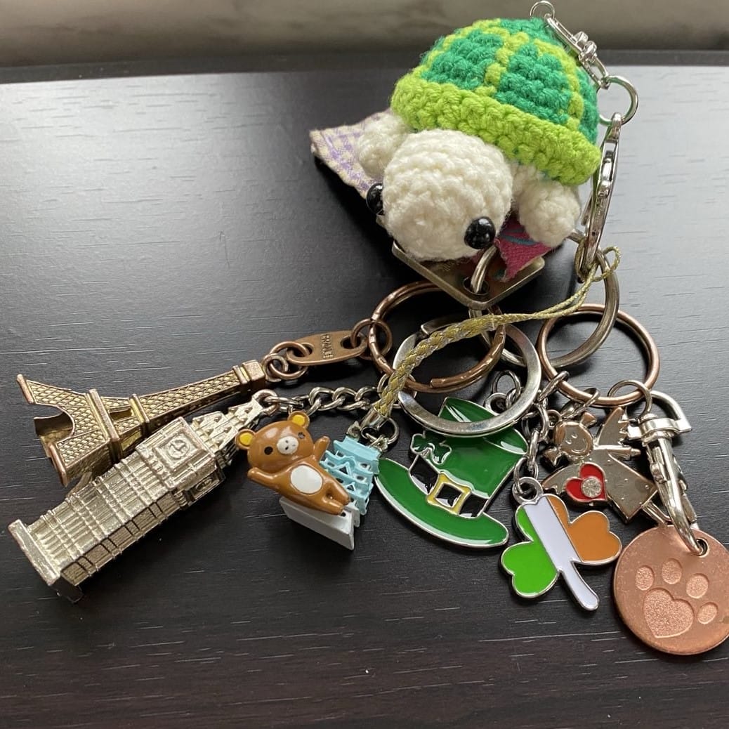 Foto: Ein Schlüsselbund mit sehr vielen Anhängern, z.B. irisches Kleeblatt, Eiffelturm, Big Ben, eine Schildkröte, etc.