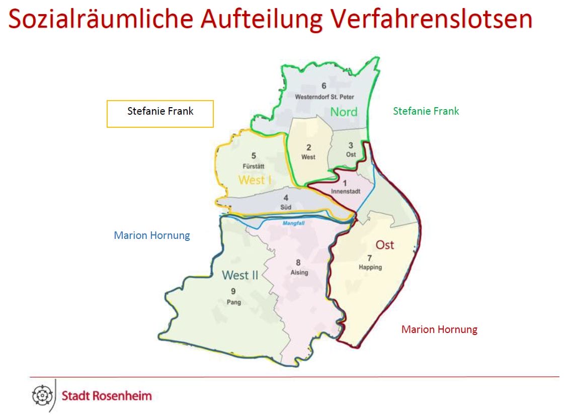 Skizze des Stadtgebiets Rosenheim aufgeteilt in Sozialräume mit den Zuständigkeiten der Verfahrenslotsen