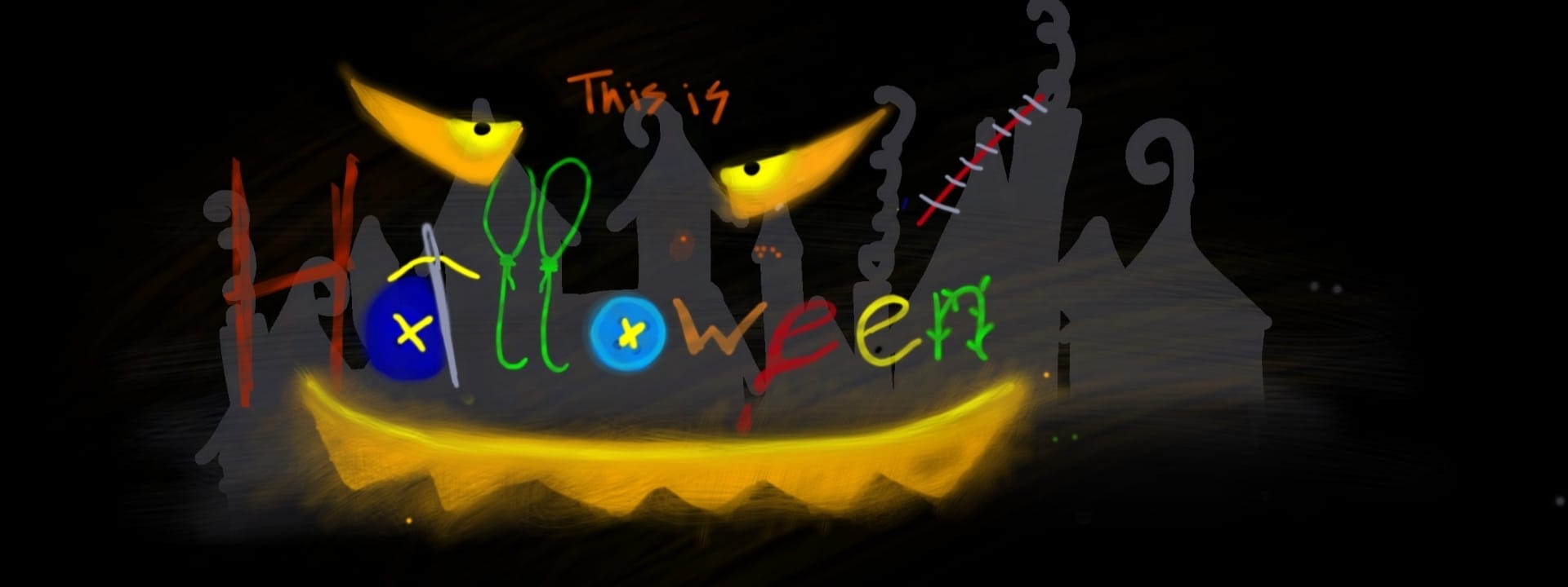 Digital gezeichnetes "grusliges" Bild graue Stadt im Hintergrund, grußliges Gesicht und Schriftzug "This is Halloween" im Vordergrund