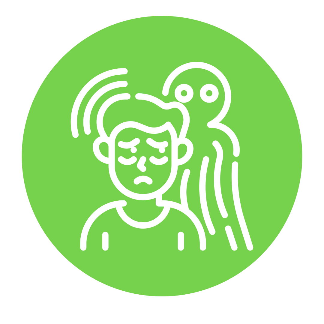 Icon von einem jungen Menschen, dem es schlecht geht und einer Person hinter ihr, die helfen könnte.