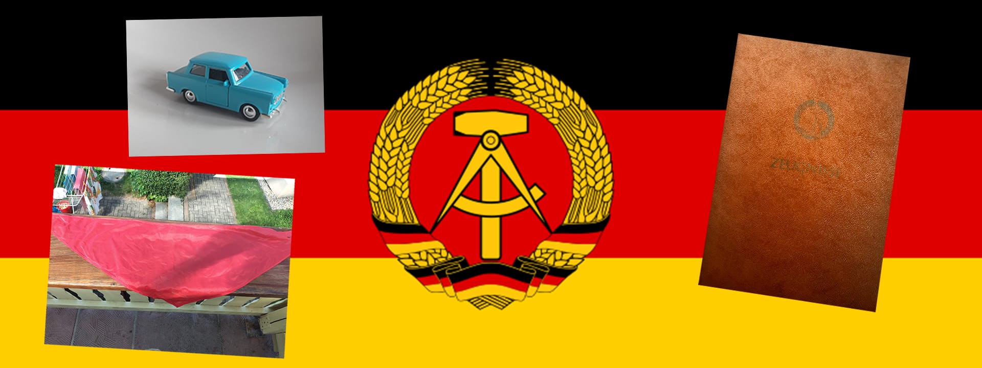 Collage mit DDR Flagge, Buch, Halstuch und einem Spielzeug Trabant